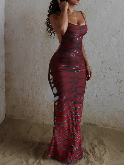 Backless Maxi Dress Women Sleeveless Leopard Print Sexy Skinny Clubwear Stretch Tight Beach Vacation Slim Vestidos