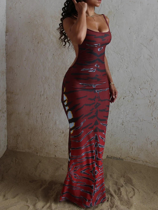 Backless Maxi Dress Women Sleeveless Leopard Print Sexy Skinny Clubwear Stretch Tight Beach Vacation Slim Vestidos