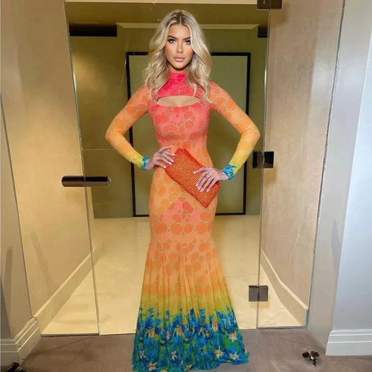 See Through Mesh Print Mermaid Dresses Woman Sexy Beach Party Hollow Long Sleeve Maxi Dress