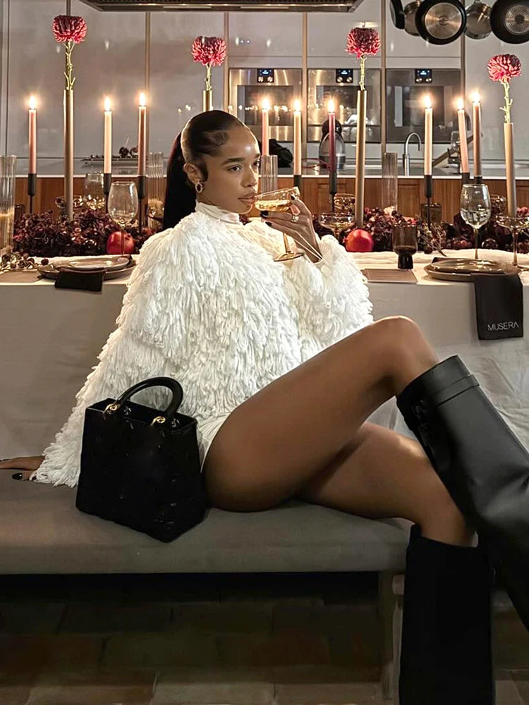 Street Fashion 2 Piece Set Woman o-Neck Full Sleeve Furry Tassel Sweater+Turtleneck Skinny Romper Causal Elegant Outfits