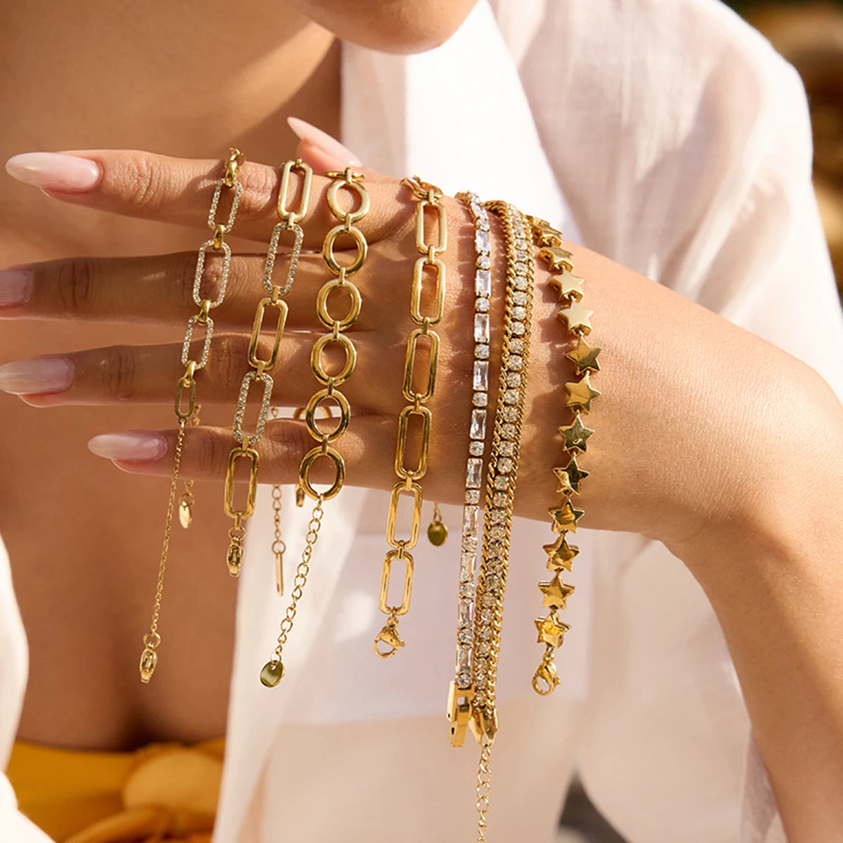 Zircon Star Metal Chain Bracelet Bangle Gold Plated Stainless Steel Watproof Summer Trendy Wrist Jewelry For Women