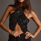 Women's Summer Halter Neck Tops Sparkly Sequin Sleeveless Open Back Slim Fit Vest for Party Club Night Wear