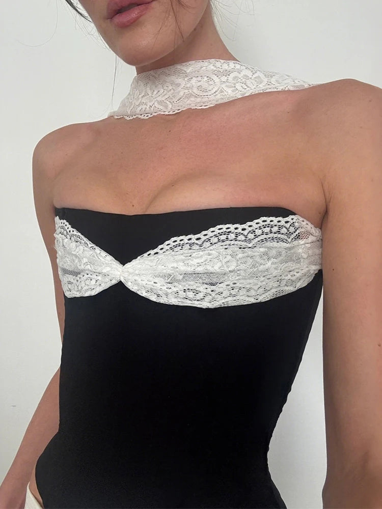 Halter Y2K Tank Top Women Patchwork Mesh Summer Trend Strapless Hollow Lace-Up Wild Beach Vacation Clubwear Camisole