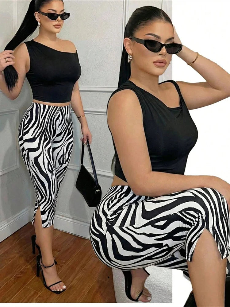 Tiger Stripes Print Elastic Waist Short Women Skinny Side Slit Skinny Simple Classic Fashion Summer Daily Streetwear