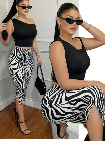 Tiger Stripes Print Elastic Waist Short Women Skinny Side Slit Skinny Simple Classic Fashion Summer Daily Streetwear