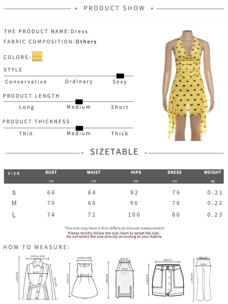 Backless Mesh Dress Women Sexy Polka Dot Print Swing Collar Halter Irregular Hem Fashion Vacation Party Club Bodycon