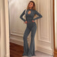Black Two Piece Set Keyhole Cutout Long Sleeve Crop Top and High Waist Flare Pants Elegant Fall Outfits Woman