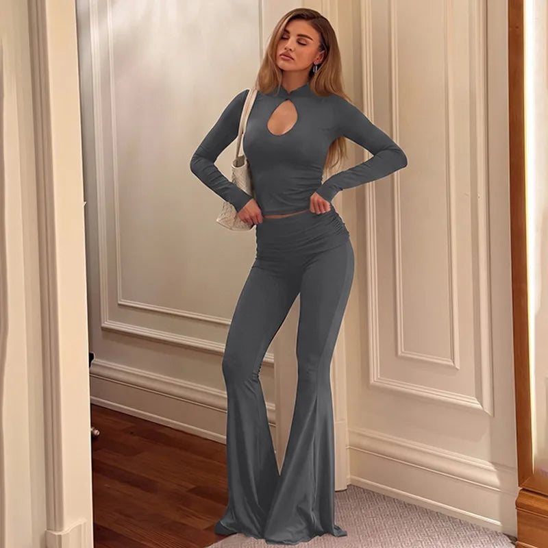 Black Two Piece Set Keyhole Cutout Long Sleeve Crop Top and High Waist Flare Pants Elegant Fall Outfits Woman