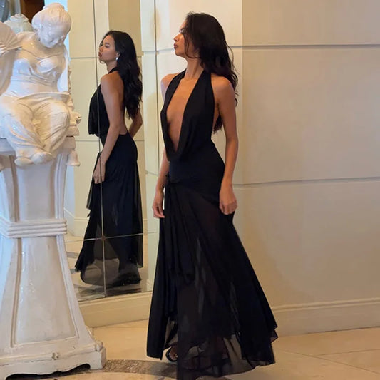 Mesh Splicing Deep V Neck Backless Split Long Dresses Black Sexy Birthday Party Dress 2026 Woman Clothing