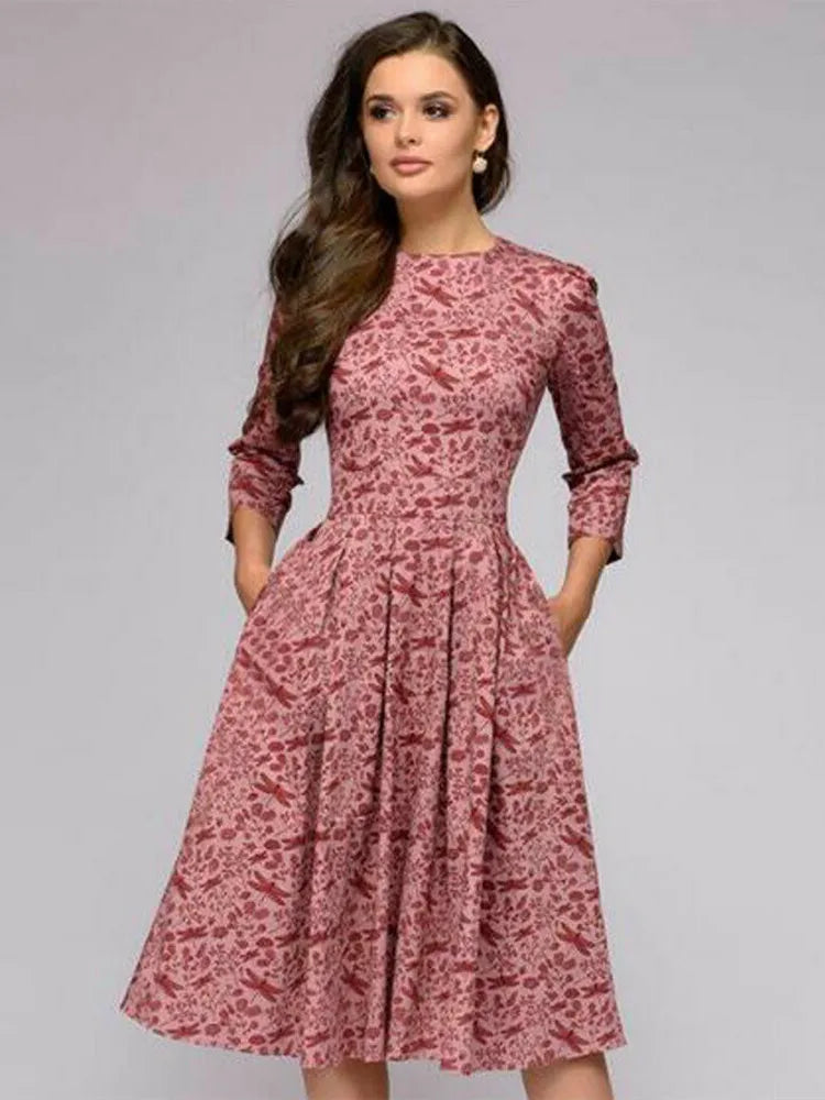 Vintage pleated tunic print dress women Elegant ladies A line dresses Long sleeve female autumn mixi party dress vestidos