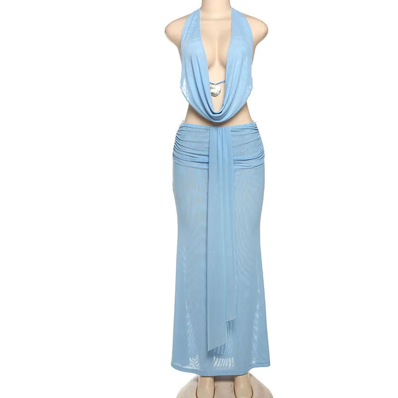 Blue Mesh See-through 2 Pieces Set for Woman Open Back Halter Top and Long Skirt Elegant Summer Outfit