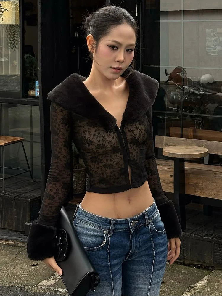 Faux Fur Collar Crop Tops Women Single-Breasted Patchwork Jacquard Full Sleeve Sexy Autumn Trend Midnight Street Tees