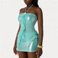 Women Turquoise Holographic Halter 2 Piece Outfit Shell Top+Mini Skirt Set Ruffle Mesh Cutout Mermaid Y2K Rave Clubwear