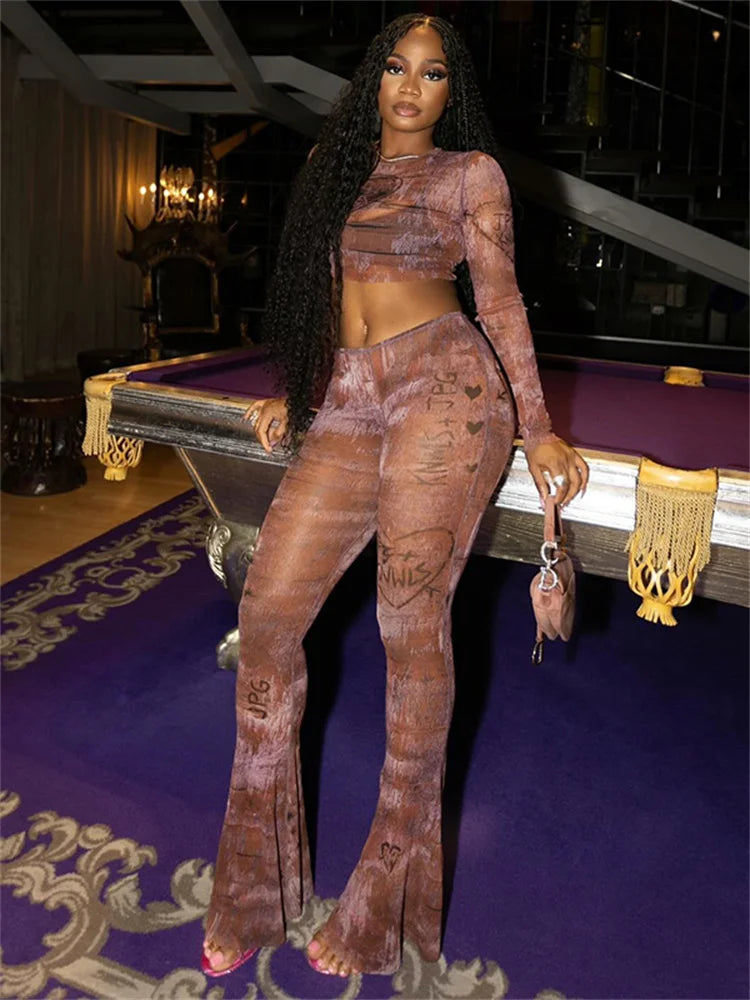 Fashion Print Sexy See Through 2 Piece Set Women o-Neck Full Sleeve Crop Tops+Straight Flared Pants Hottie Streetwear