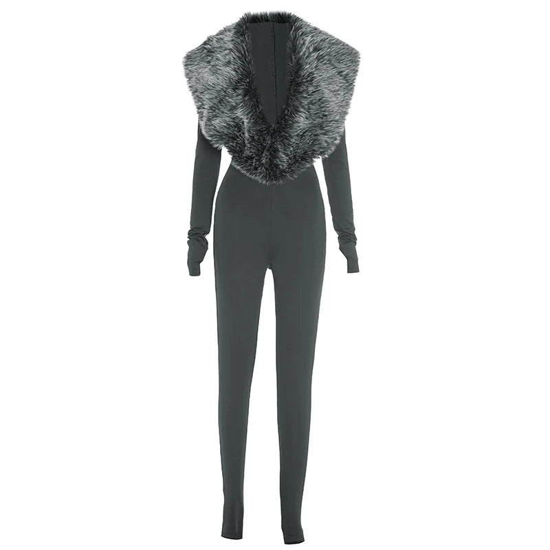 Furry Deep V-Neck Jumpsuits Woman Hipster Patchwork Trend Sexy Stretch Fitness Club Activity Luxury Midnight Overalls