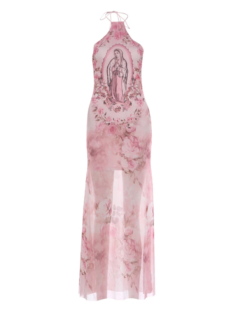 Art Print Maxi Dress Women Halter Bandage Backless Sleeveless Skinny Sexy Fashion Summer Party Chic Vacation Vestidos