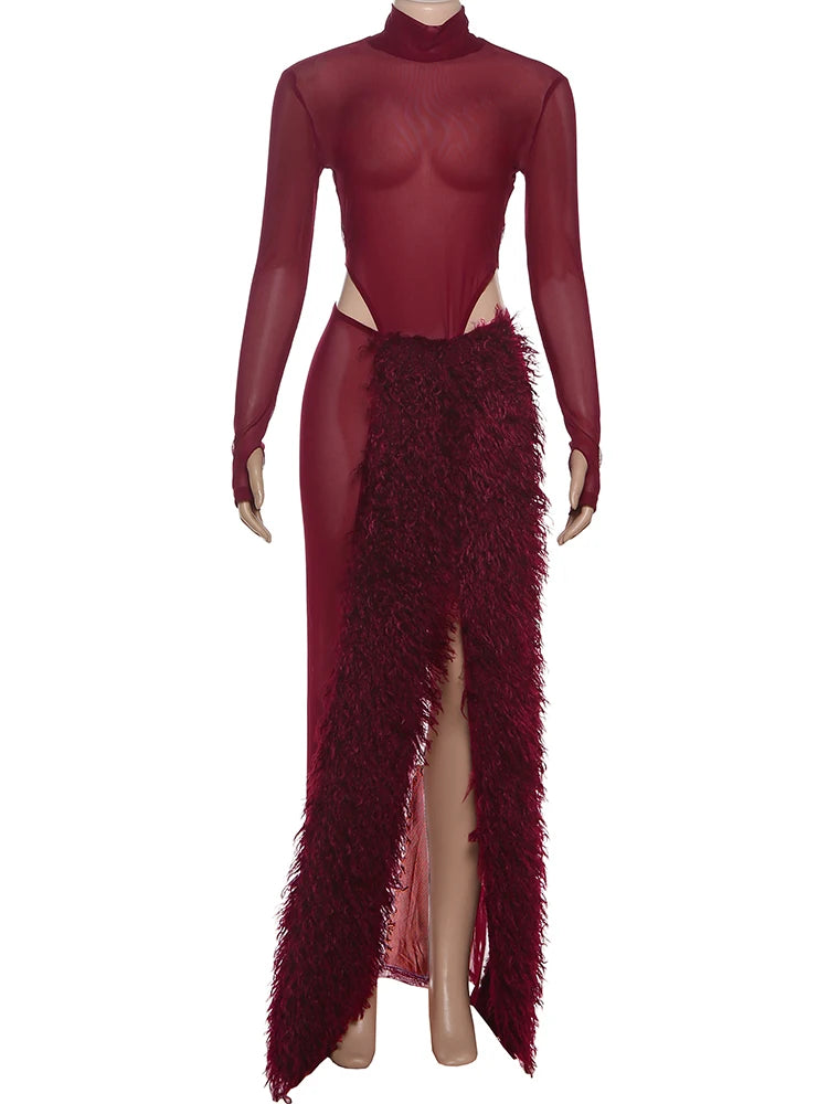 Slim See Through 2 Piece Set Woman Turtleneck Full Sleeve Bodysuits+Furry Patchwork High Splits Skirts Sexy Mesh Outfits