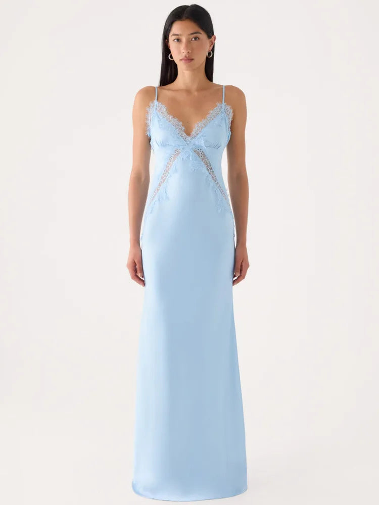 Women Spaghetti Strap Sexy Maxi Dress Lace V Neck Cutout Backless Mermaid Formal Evening Wedding Guest Party Dress