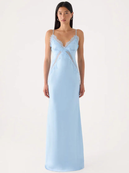 Women Spaghetti Strap Sexy Maxi Dress Lace V Neck Cutout Backless Mermaid Formal Evening Wedding Guest Party Dress
