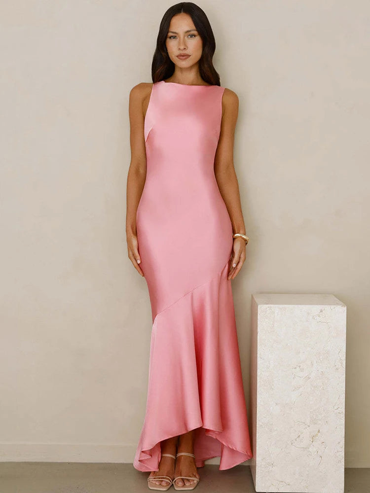 Elegant Satin Backless Sexy Maxi Dress Women Fashion Sleeveless Backless Pleated Bodycon Club Party Long Dresses