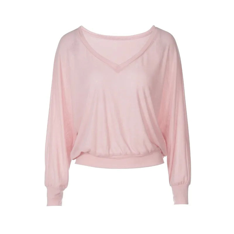 Casual Loose V Neck Long Sleeve Top Solid Color See Through T Shirts for Woman Clothing Fall 2025 Fashion