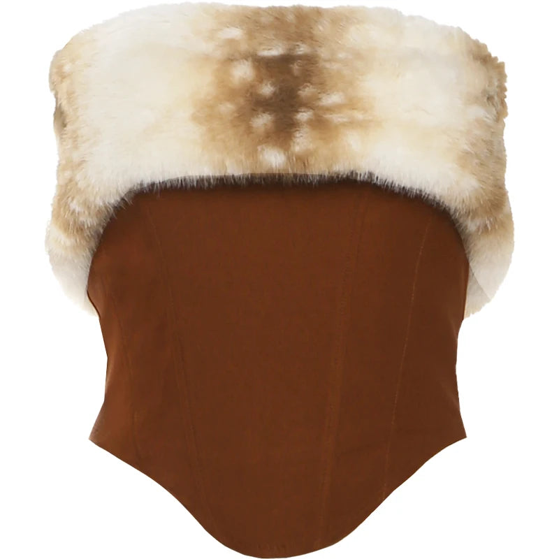 Prom Party Coquette 2-Piece Set Women Leopard Furry Patchwork Irregular Hem Vest+Shirring Peach Hip Skirt Sexy Wild Suits