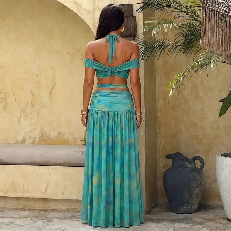 Sexy 2 Piece Tie-dye Halter Crop Top and Matching Maxi Skirt Set Holiday Outfits Woman Clothing