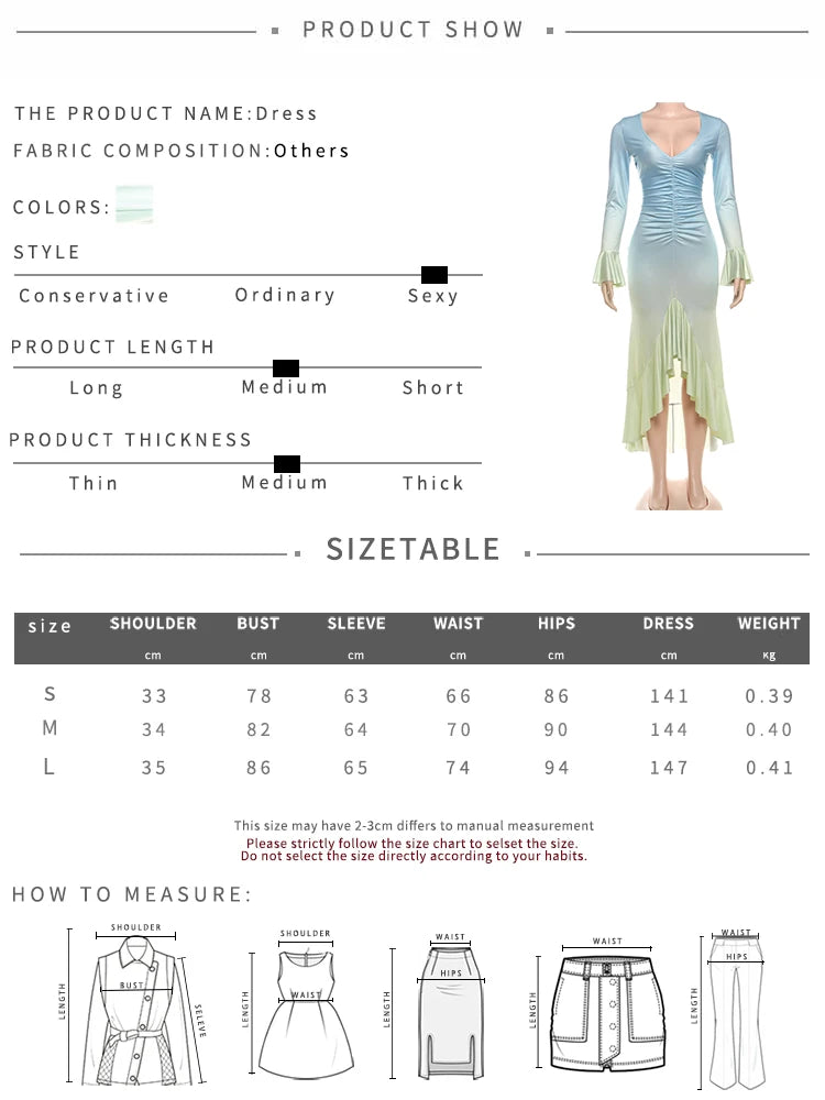 Sexy Gradient Dress Women Y2K Elegant Folds Split Ruffles Full Sleeve Low-Neck Party Banquet Stretch Skinny Vestidos