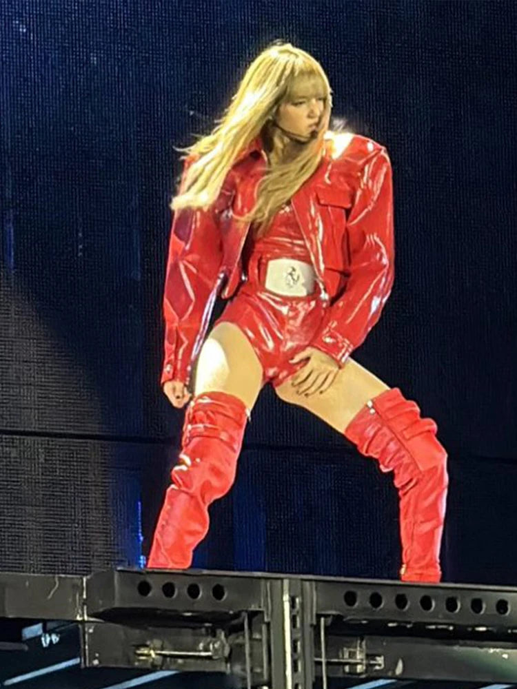 Hipster Leather 2-Piece Set Women PU Zip Jacket+Short Sleeve Slim Bodysuit Hip Hop Style Sexy Midnight Hottie Suit