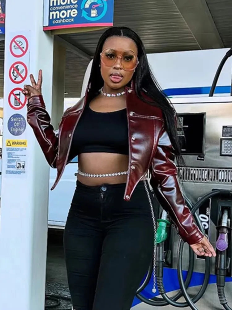 Irregular PU Jacket Women Sexy Stand Collar Magnetic Snap Button Chic Waistless Street Clubwear Hipster Autumn Coat