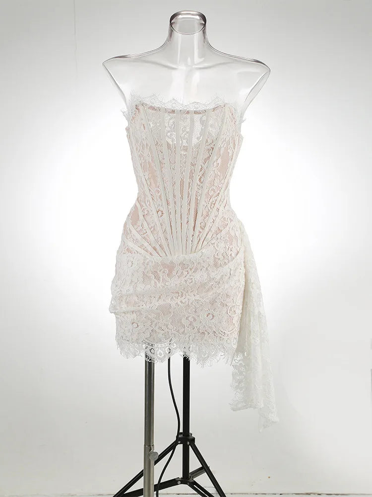 Elegant Lace Strapless Sexy Mini Dress For Women Fashion Off-shoulder Irregular Ruched Bodycon Night Club Party Dress