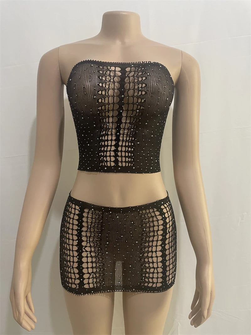 Sexy Summer Women 2 Piece Set Pearl Hollow See Through Midnight Coquette Strapless Tops+Skirts Matching Clubwear