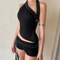 Sexy Hipster Hollow 3-Piece Set Women Biased Collar Backless Tank Tops+Rivet Waistband+Simple Shorts Midnight Suit
