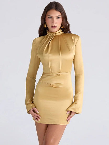 Satin Long Sleeve Sexy Mini Dress Women Gown Fashion Elegant Turtleneck High Waist Bodycon Club Party Dresses Female