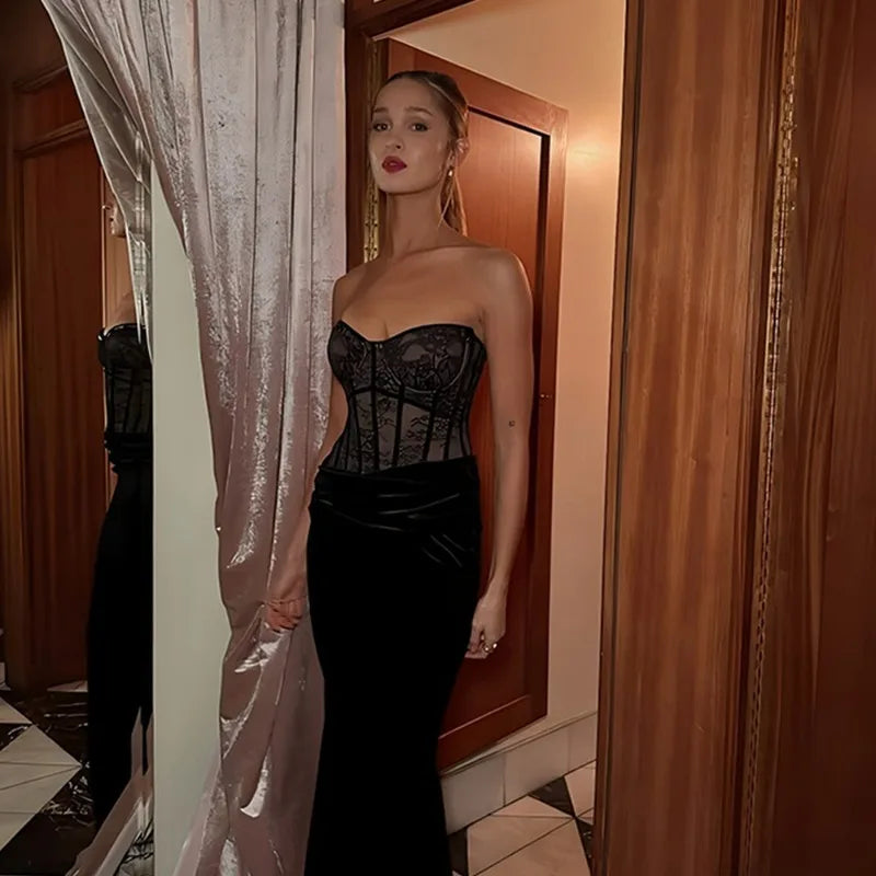 Long Sleeve Backless Corset Maxi Dress 2 Piece Set Black Lace Velvet Luxury Evening Gown Dresses