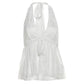 Hottie Mesh Patchwork Tank Tops Women Halter Low-Neck Backless Bow Decoration Splits Hem Wild Summer Style Streetwear