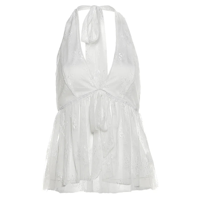 Hottie Mesh Patchwork Tank Tops Women Halter Low-Neck Backless Bow Decoration Splits Hem Wild Summer Style Streetwear