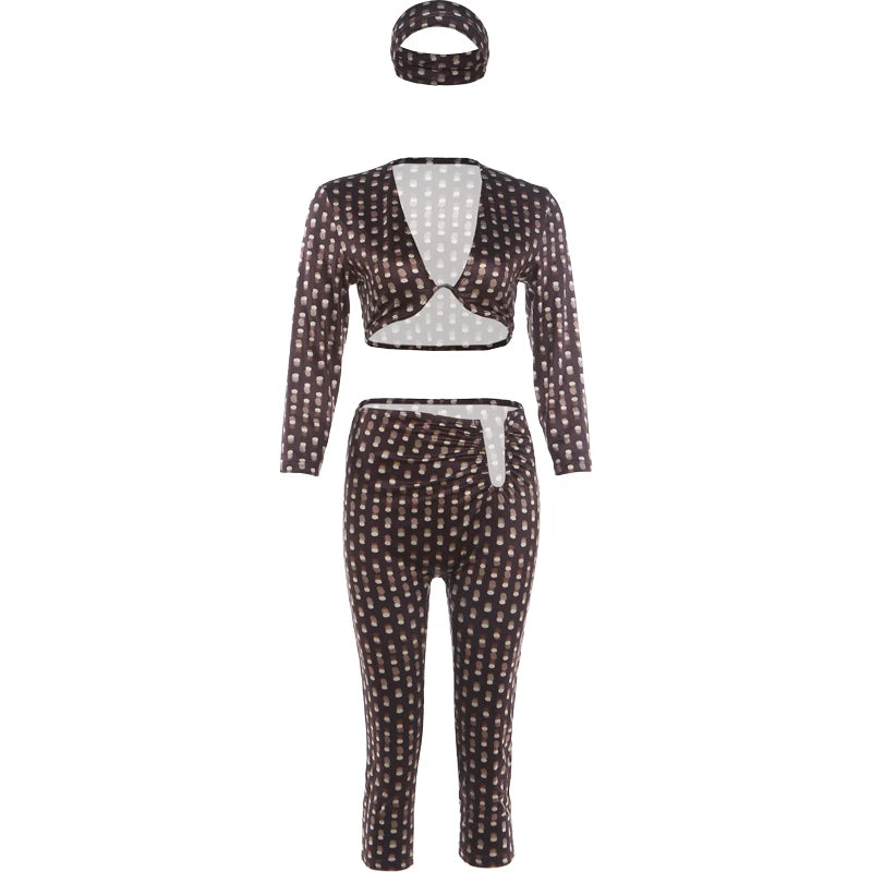 Sexy Fashion 3 Piece Set Woman Polka Dot Print Headscarf+Low-Neck Full Sleeve Tops+Metal Buckle Crop Pants Streetwear