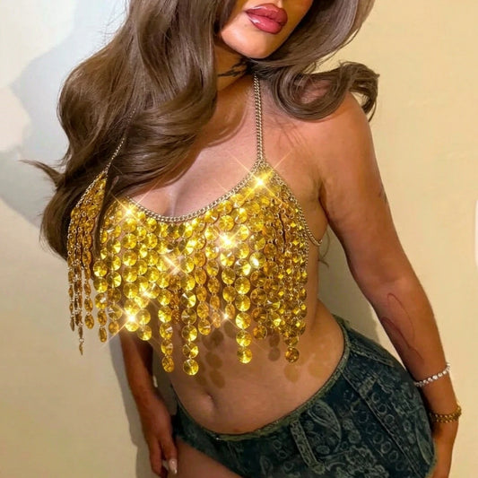 Y2K Bling Shiny Rhinestone Sequin Tassel Halter Neck Crop Top Metal Chain Back Adjustable Open Back Body Jewelry Vest
