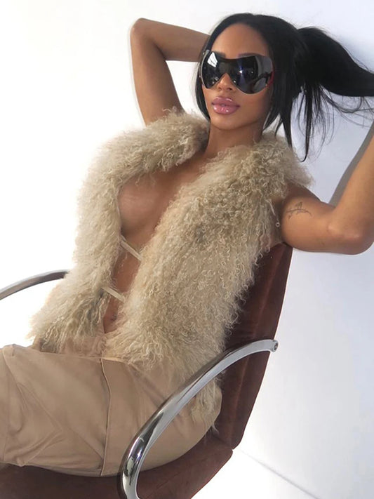 Sexy Furry Tank Tops Women Backless Sexy Midnight Cardigan Autumn Hipster Wild Basic Streetwear Halter Furs Y2K Tops