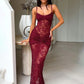 Lace Spaghetti Strap Sexy Maxi Dress Women Elegant See Through Sleeveless Backless Ruched Slinky Club Party Long Dress