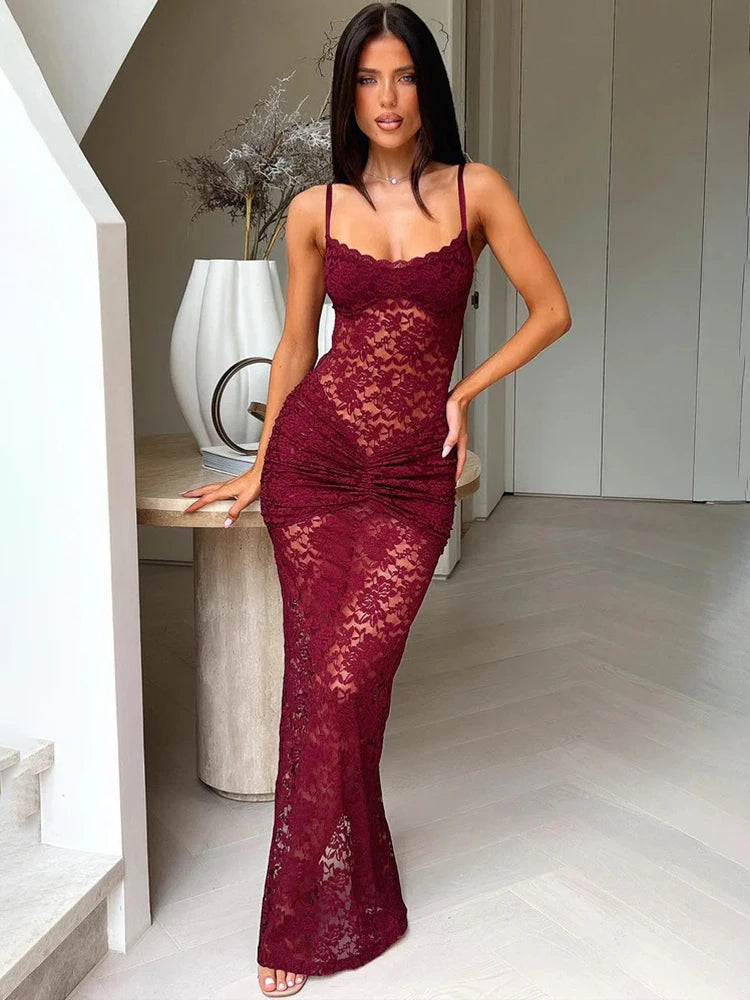 Lace Spaghetti Strap Sexy Maxi Dress Women Elegant See Through Sleeveless Backless Ruched Slinky Club Party Long Dress
