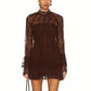 Women Elegant Lace Sheer Mesh Mini Dress High Neck Long Sleeve Flounce Hem A Line Dress for Wedding Guest Nightclub
