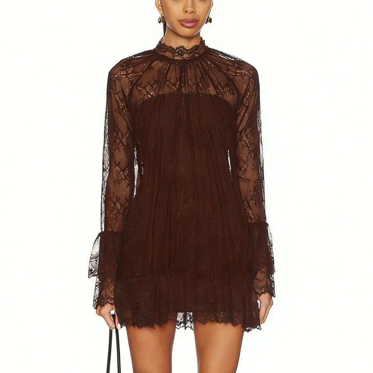 Women Elegant Lace Sheer Mesh Mini Dress High Neck Long Sleeve Flounce Hem A Line Dress for Wedding Guest Nightclub