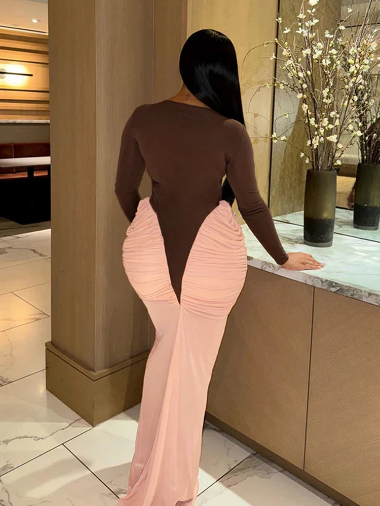 Peach Hip Dress Women Elegant Patchwork Pleat O-Neck Full Sleeve Autumn Trend Classic Sexy Stretch Skinny Maxi Bodycon