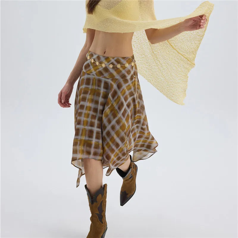 Low Waist Plaid Asymmetrical Hanky Hem Skirt Women Lightweight Flowy Chiffon Midi Skirt Retro Check Streetwear Skirt