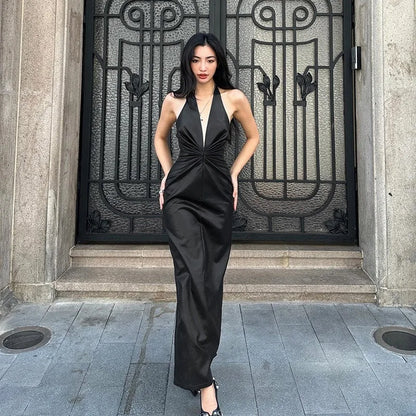 Faux-leather Halter-neck Maxi Dress Deep V Front Twist-ruched Black Evening Dresses for Woman