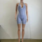 Backless Shirring Romper Women Bandage Halter Stripe Sleeveless V-Neck Fit Tight Streetwear Stretch Workout Playsuit