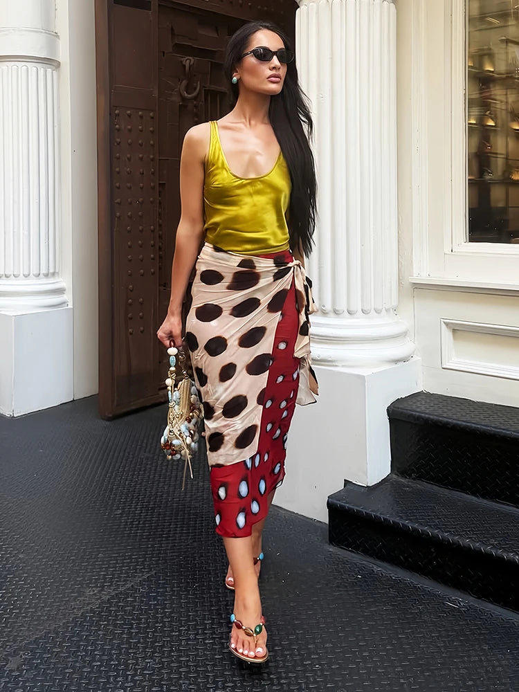 Dots Mesh Patchwork Long Skirts Woman Summer Trend Elastic Waist Wrap Hip High Street Ruched Elegant Style Bottoms