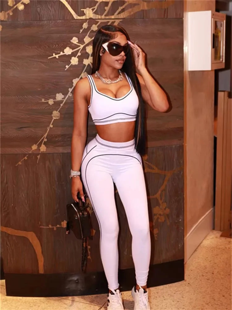 Casual Sporty 2 Piece Set Women Tracksuit Patchwork Stretch Tank Top+Leggings Stripe Matching Street Skinny Outfits